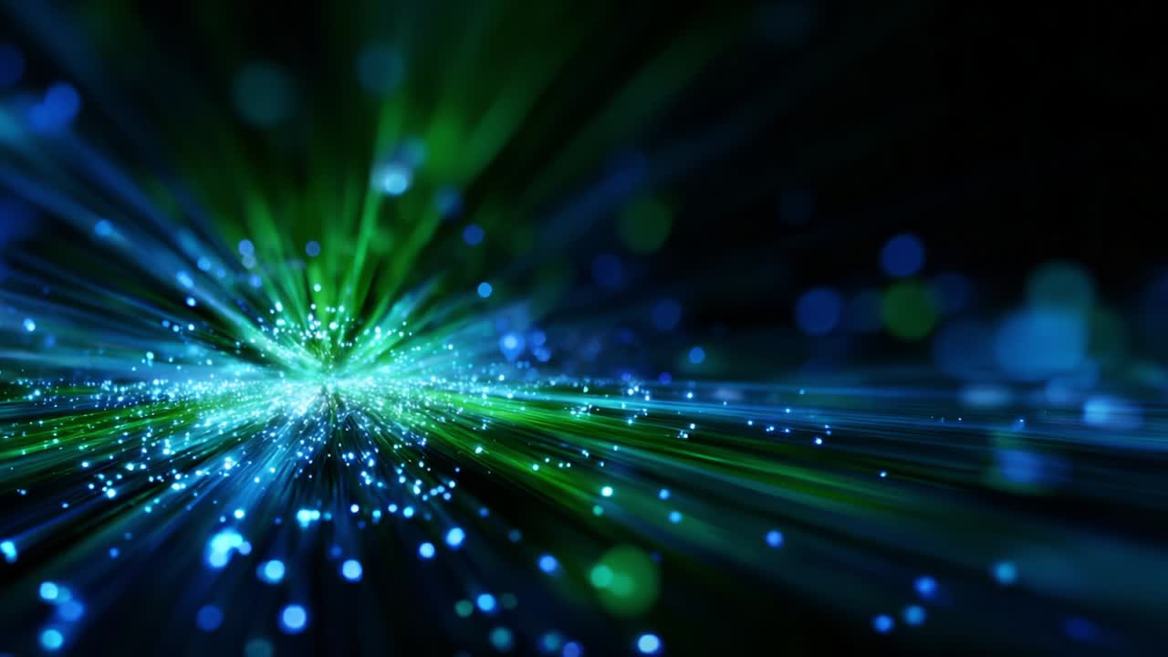 A Vibrant Display of Dynamic Light Patterns and Particles Radiating in Vivid Green and Blue Hues, Capturing the Essence of Energy and Motion in a Striking Visual Experience