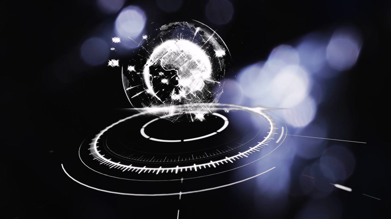 Hologram globe flaring, forming wireframe, emitting sparks over rotating HUD rings for tech demo