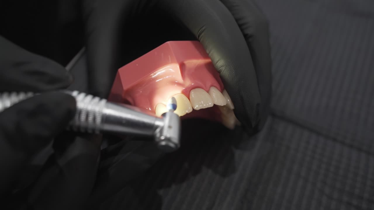 Dental model with black-gloved hands using a polishing tool on teeth close up