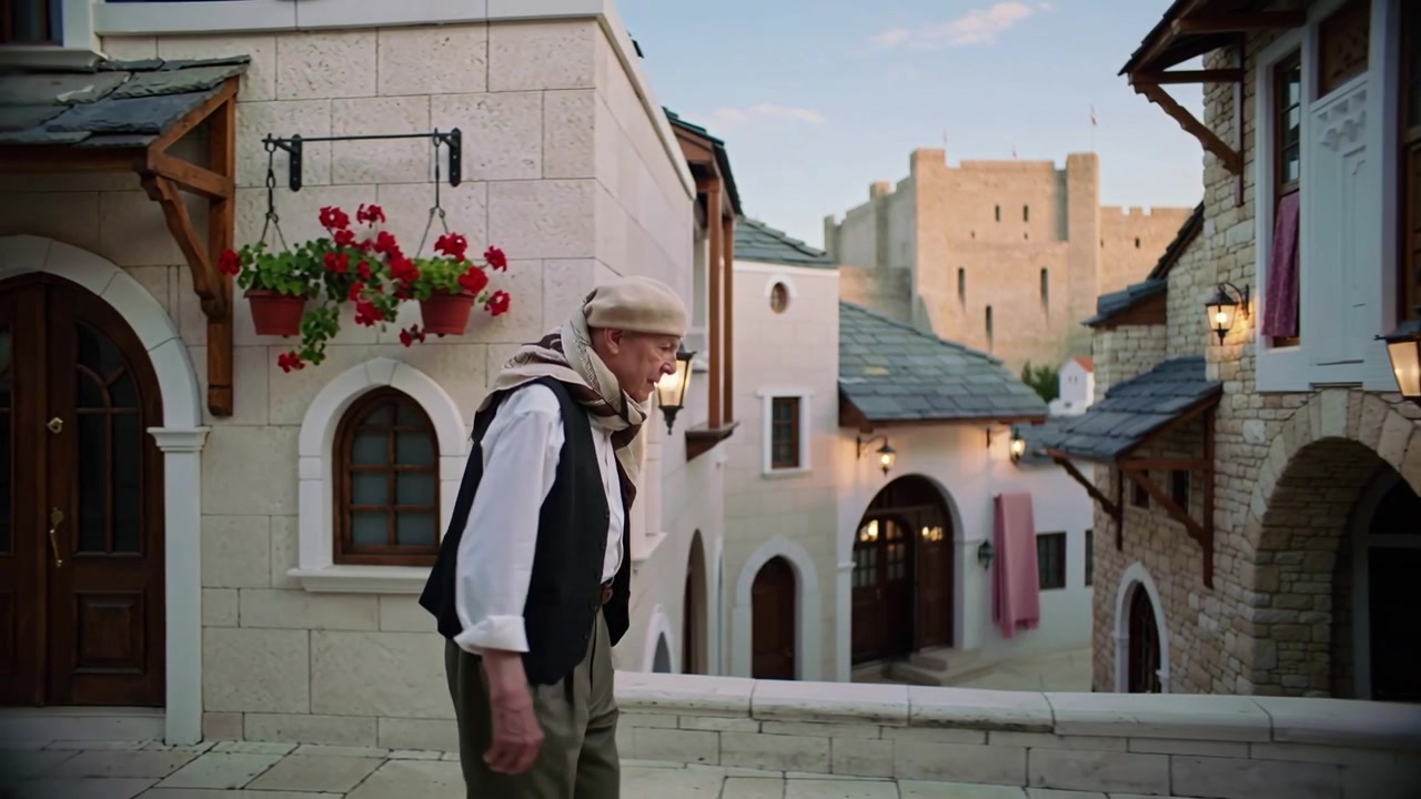Kadraja giren şapkalı ve atkılı yaşlı bir adam, tarihi kasaba terasında yürüyerek kaleye doğru bir kapıdan geçiyor.