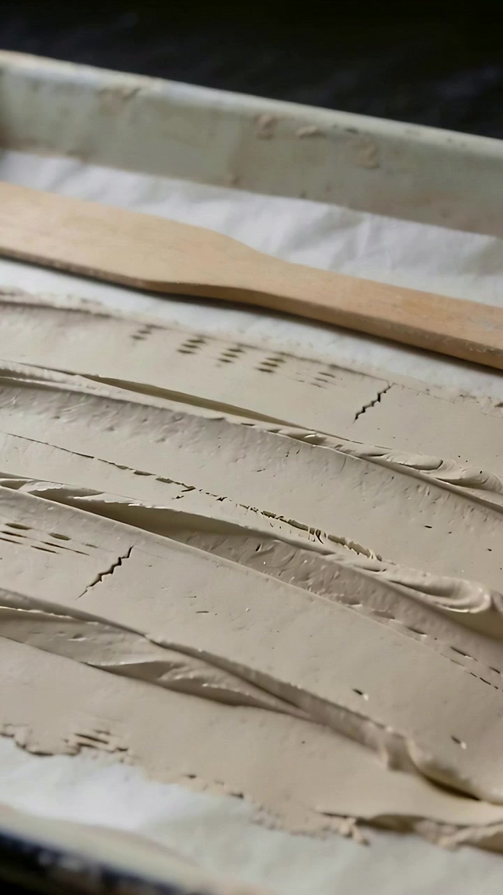 Vertical video: Spreading batter forming ridges and cracks on parchment tray in kitchen, spatula