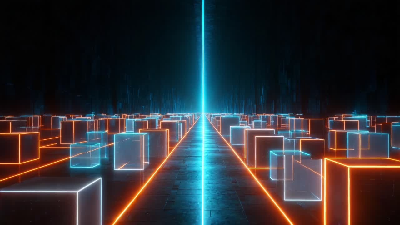 A captivating futuristic landscape showcasing a corridor filled with glowing neon boxes and a bright, radiant beam of light that creates an enchanting cybernetic atmosphere