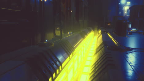 bright yellow lights illuminate machinery in an industrial setting at night