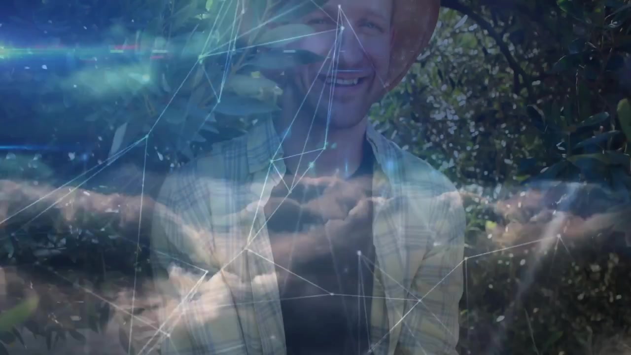 Smiling Farmer Holding Olives with Digital Network Overlay