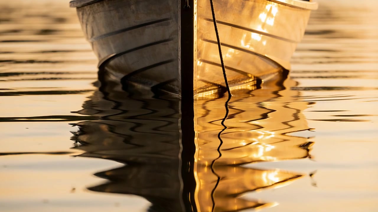 Floating small rowboat bow catching warm sun on calm lake, outward ripples bending rope reflection