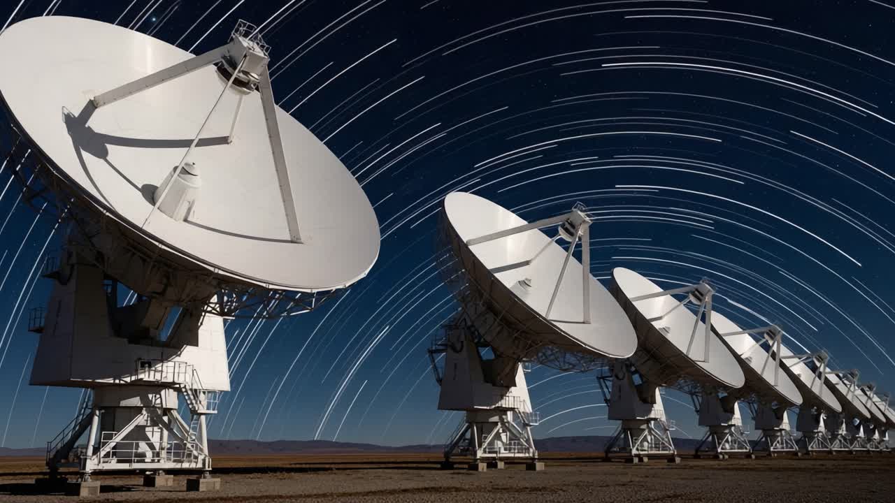 Radio Telescopes Under a Star-Streaked Night Sky