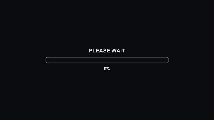 A progress bar animation for streamers or video creators displays 100 percent completion. The message prompts viewers to please wait while the video is loading or transitioning