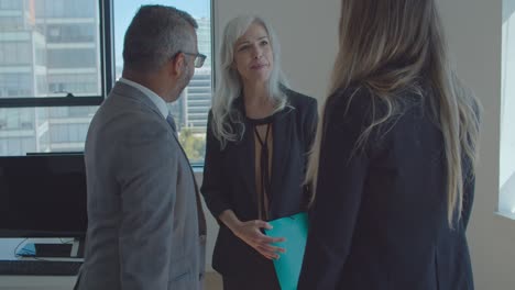 Exitosa-Líder-Empresarial-Femenina-Reuniéndose-Con-Socios-En-Su-Oficina