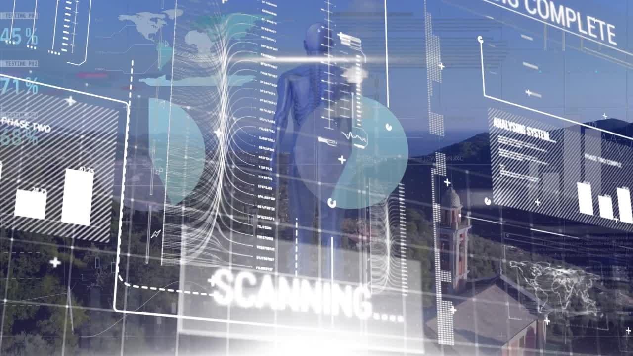 디지털 스크린의 애니메이션은 다양한 데이터와 인간 실루과 도시 풍경에 대한 그래프를 제공합니다.