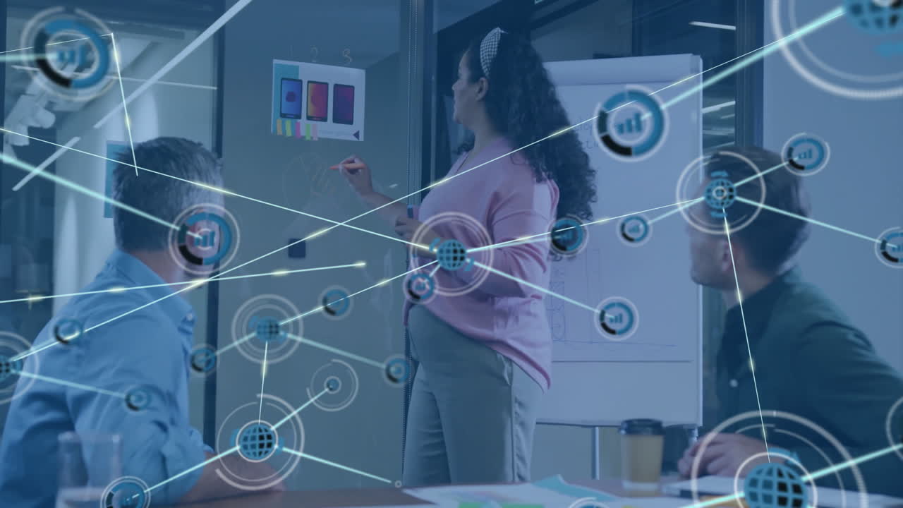 Animation of network of connections with globe icons over diverse business people in office