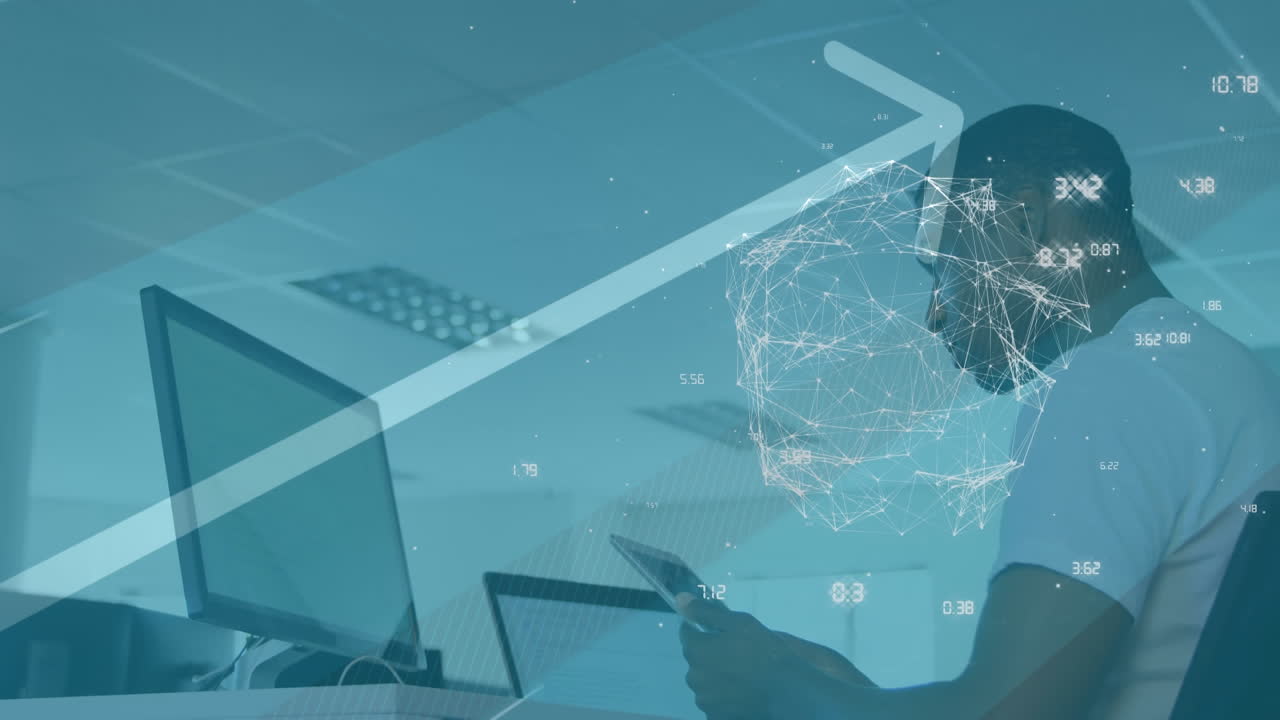 Animation of globe with network of connections over businessman using computer in office