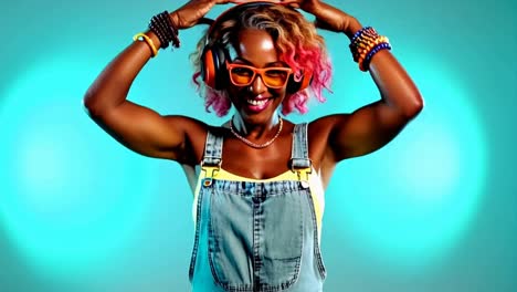 a woman in a denim overalls is wearing headphones and smiling