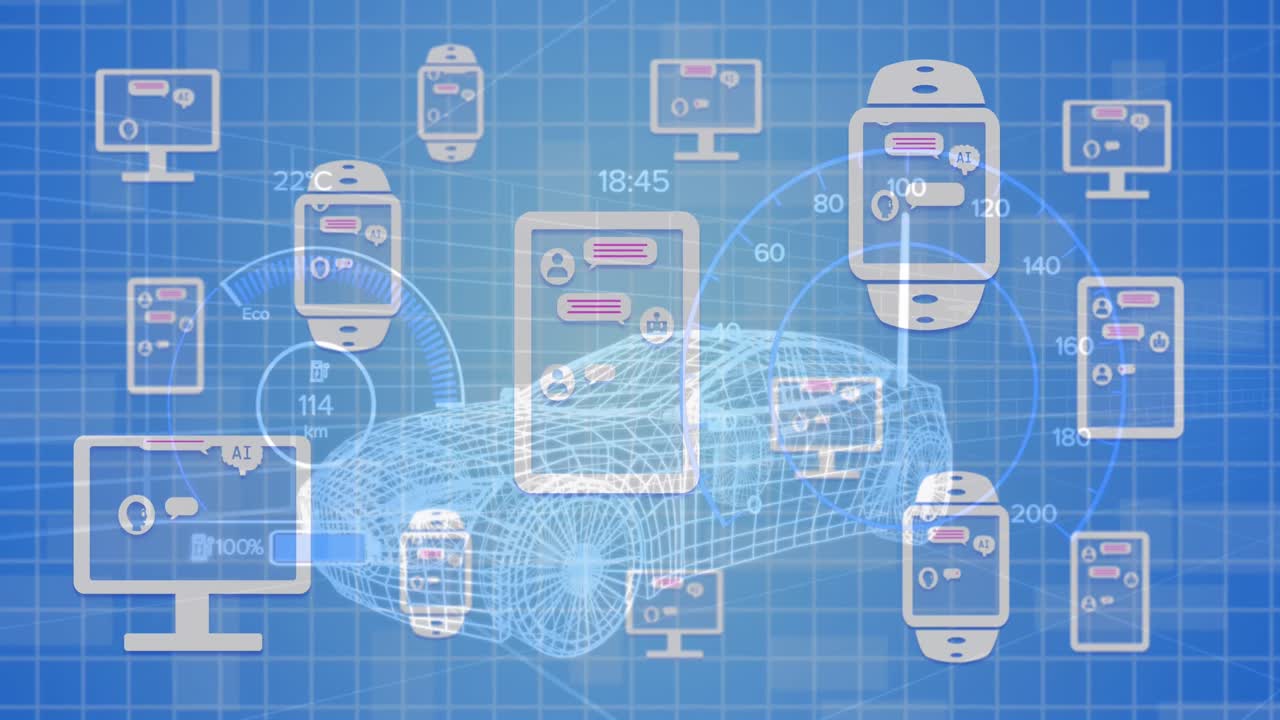 Animation of desktop showing online ai chat processing on electronic devices over 3d car drawing