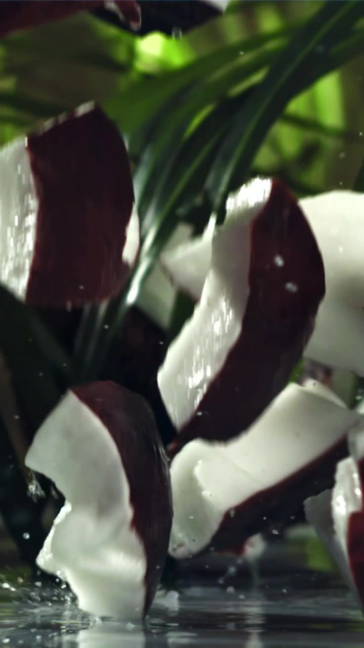 Fresh Coconut Pieces Falling into Water in Slow Motion