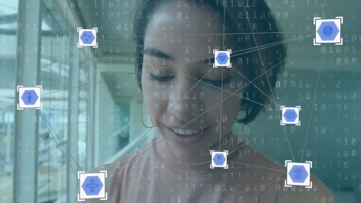 Animation of web connections and data processing floating over mixed race woman using smartwatch