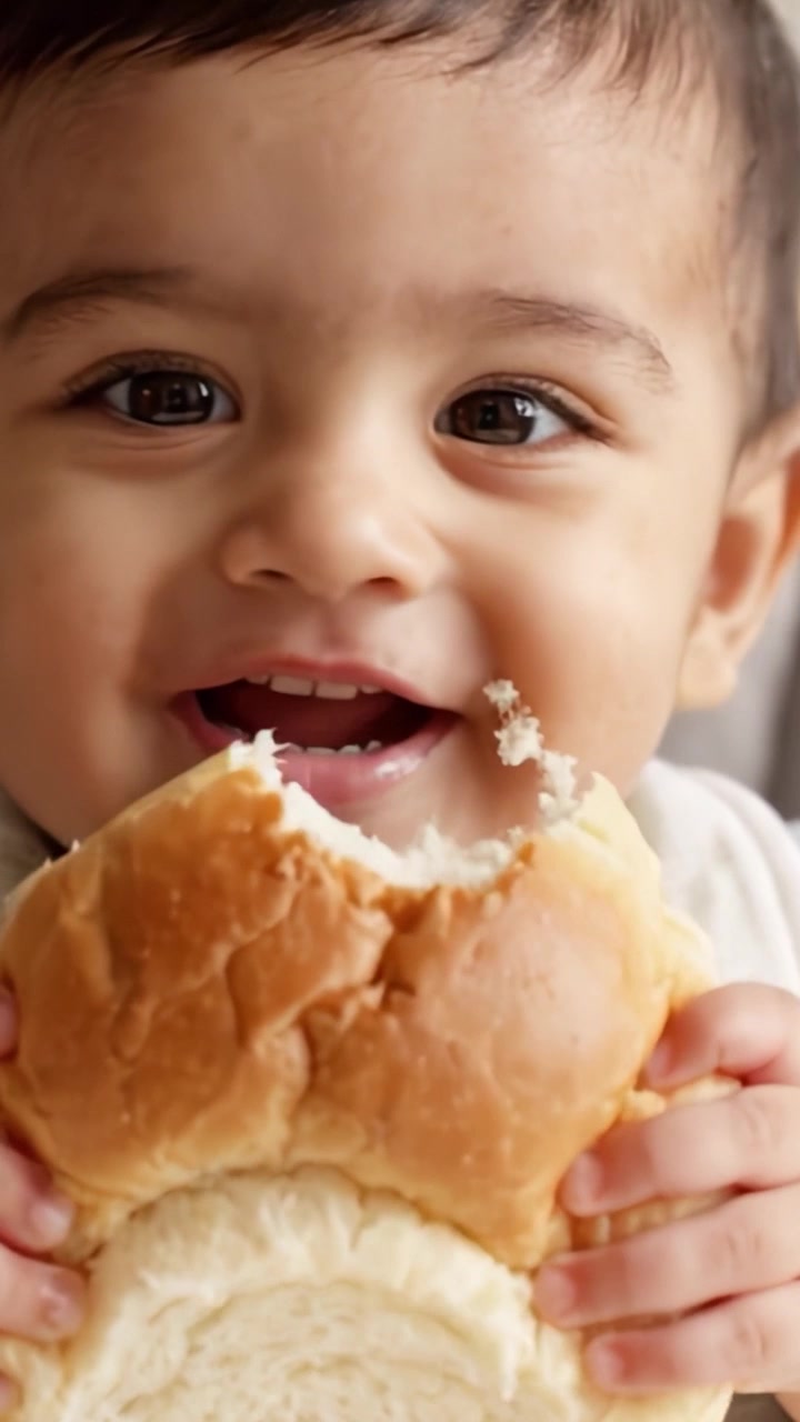 Delightful Baby Enjoys a Soft Bread Roll, Capturing Joy and Innocence in Each Bite, Showcasing a Cherished Moment of Culinary Exploration and Happiness