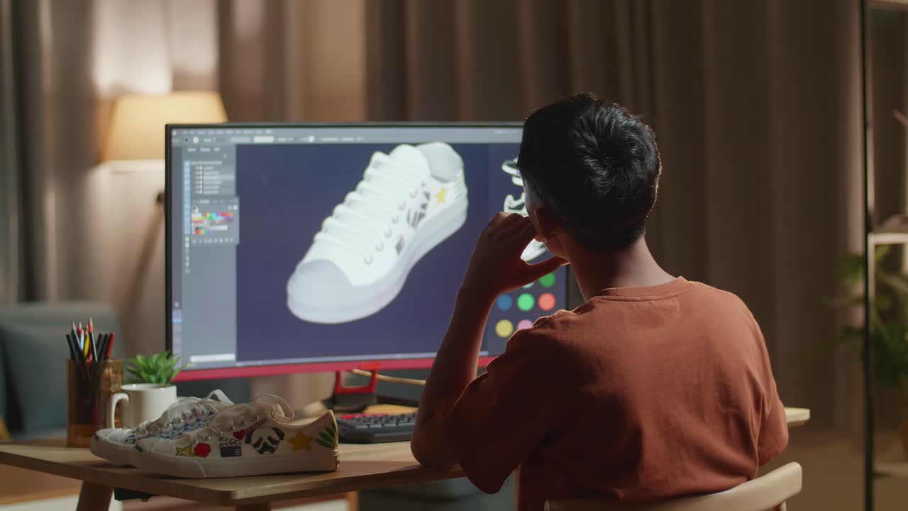 Asian Boy Footwear Designer Rotate 3D Model Of Shoe While Working On A Desktop At Home. Shoe Production Procedure Concept. Cyber Games Clothing And Footwear Line