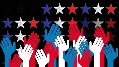 Animation-of-red-and-blue-hands-and-stars-on-black-background