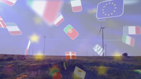 Wind turbines in field with floating European country flags animation