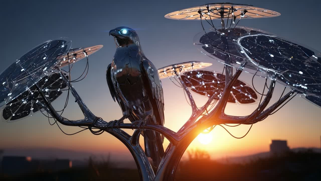 A Stunning Blend of Nature and Technology: A Futuristic Metallic Bird Perched on a Solar Tree at Sunset, Symbolizing Innovation and Environmental Harmony