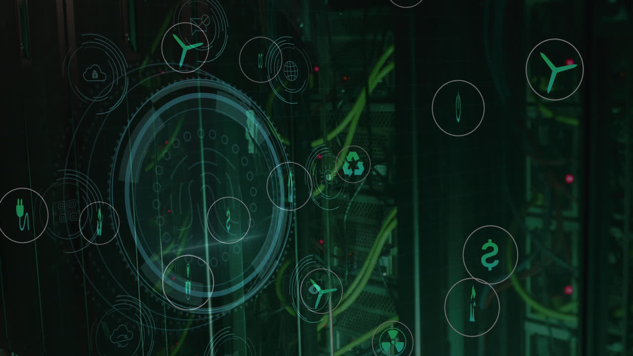 animación del texto de protección de datos, la huella dactilar, el escudo y los iconos en la sala del servidor en segundo plano