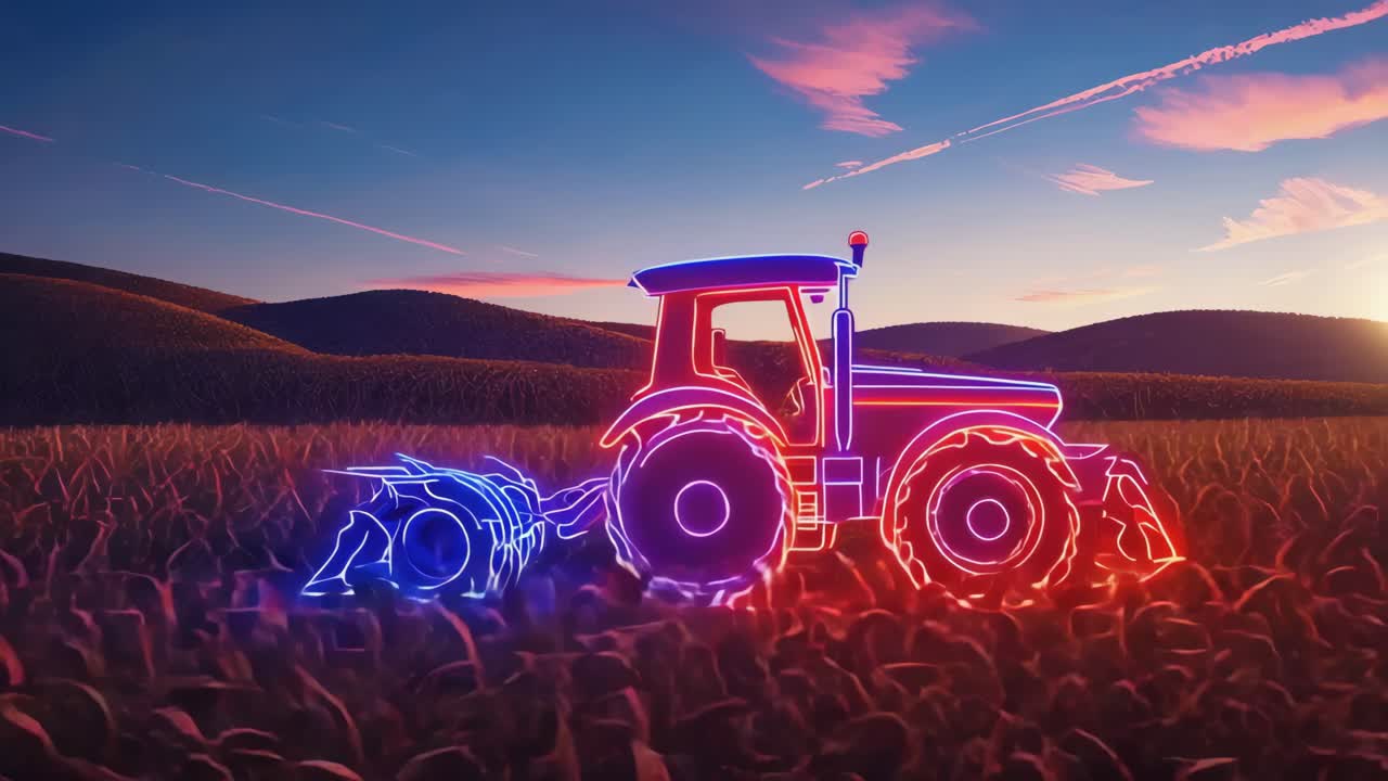 Neon Outlined Tractor in a Field at Sunset