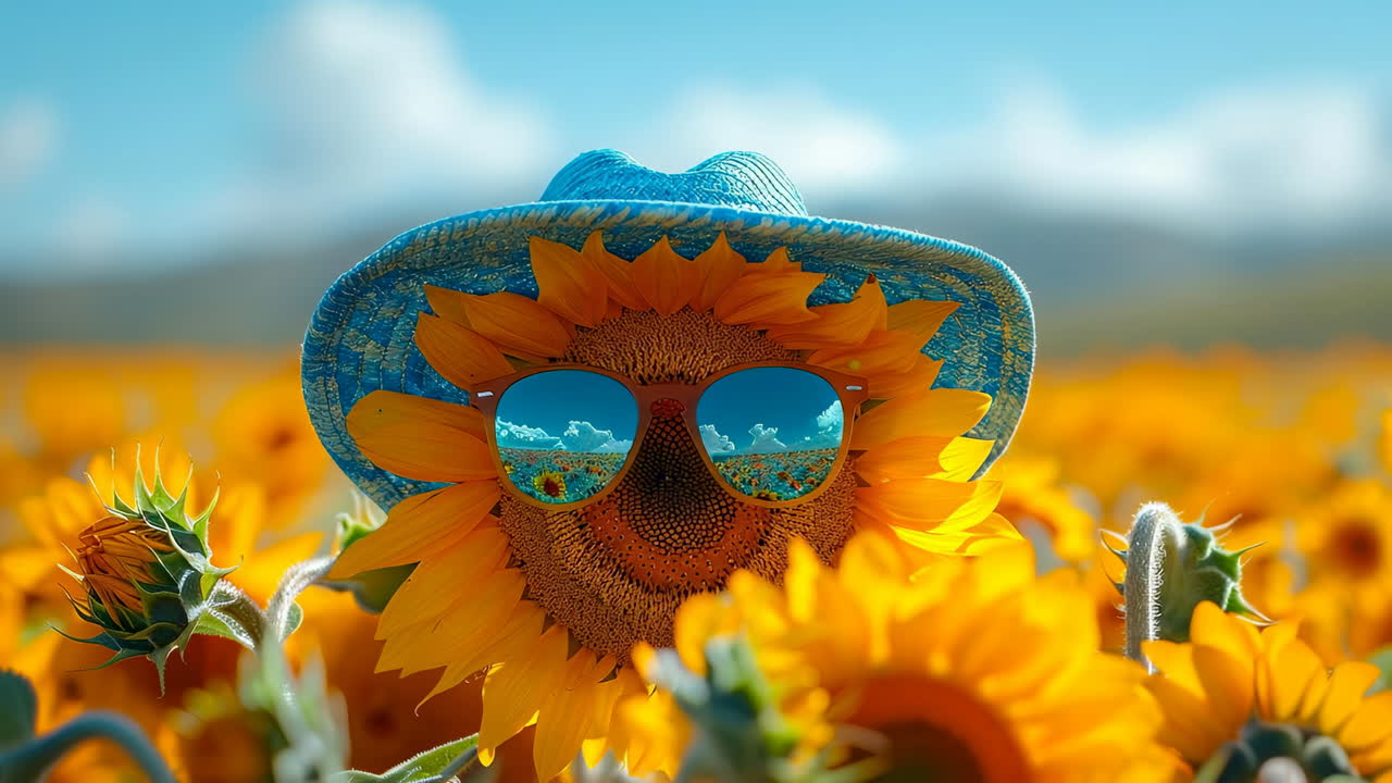 Sunny sunflower in shades. A cheerful sunflower dons sunglasses and a blue hat amidst a vibrant field of blooming sunflowers