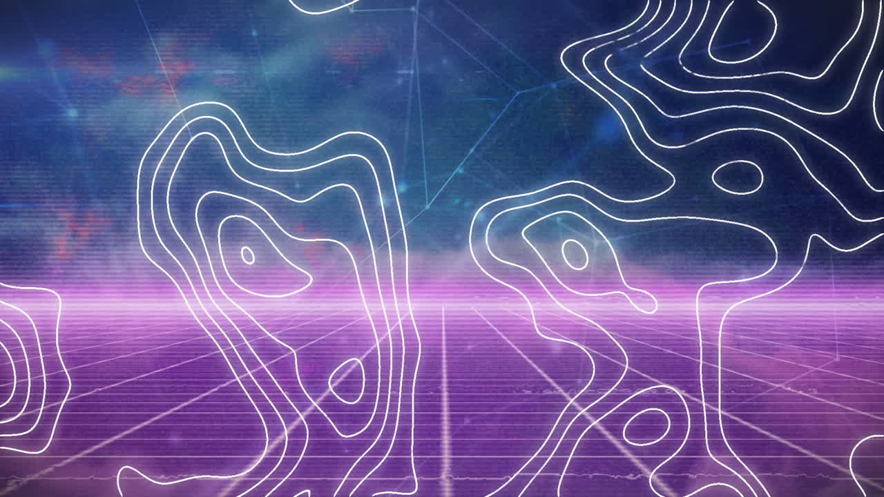 Topography over network of connections against neon purple grid network