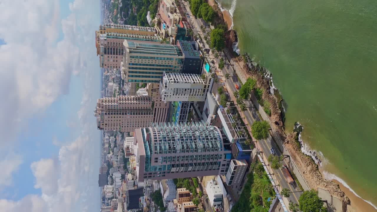 Bird's eye vertical view of skyscrapers on George Washington Avenue in Santo Domingo, Dominican Republic