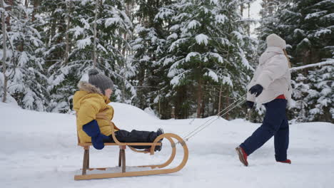 a young mother and son have fun in the winter in the forest sledding in slow motion. happy mom on a walk with her son in a snowy forest