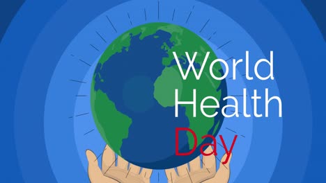 animation of world health day text over globe on blue background