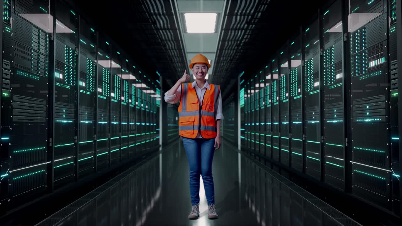Full Body Of Asian Female Engineer With Safety Helmet Smiling And Showing Thumbs Up Gesture To The Camera While Standing in Server Room Data Center