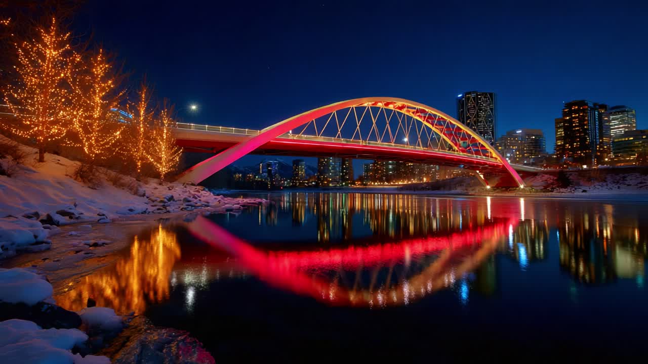 Stunning Night View of a Vibrant Bridge Illuminated by Colorful Lights, Reflecting Beautifully on the Calm Waters Below with a Backdrop of Twinkling City Lights in a Wintery Setting