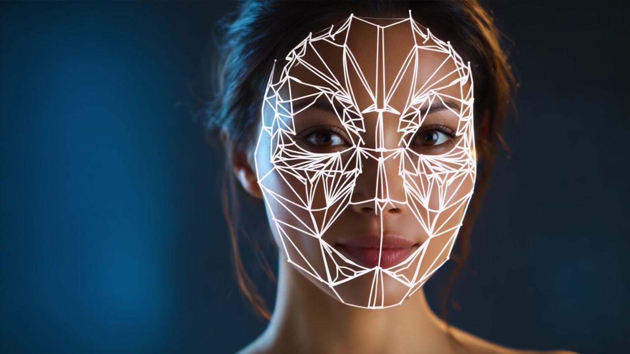 Et fantastisk nærbillede af en kvindes ansigt forbedret af geometriske linjer og mønstre, der viser skønhed og teknologi i en fængslende visuel repræsentation.