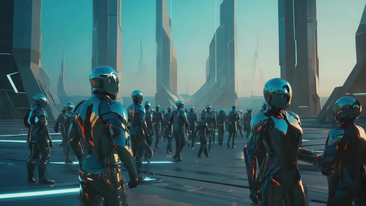 Futuristic AI Soldiers in a Dystopian Cityscape
