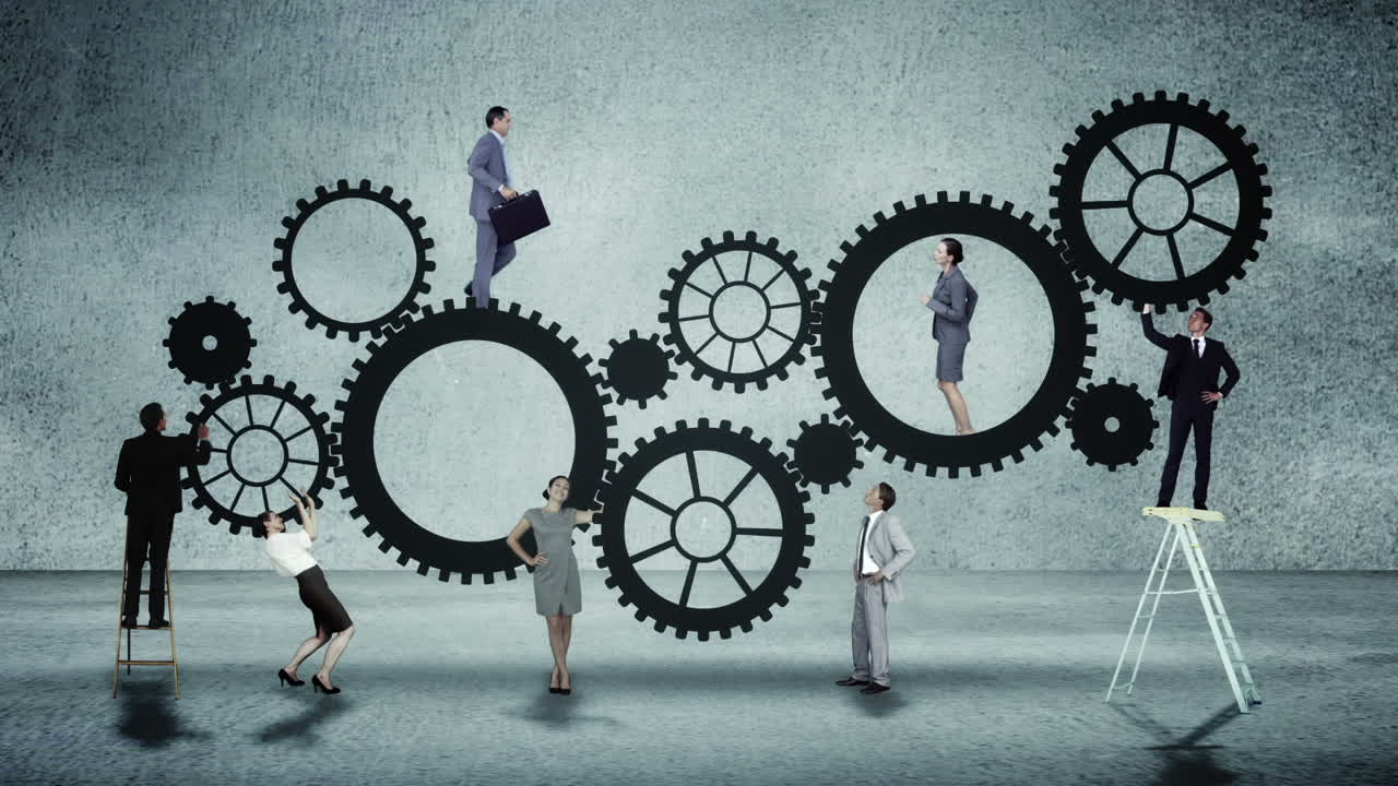 gente de negocios corriendo y girando engranajes