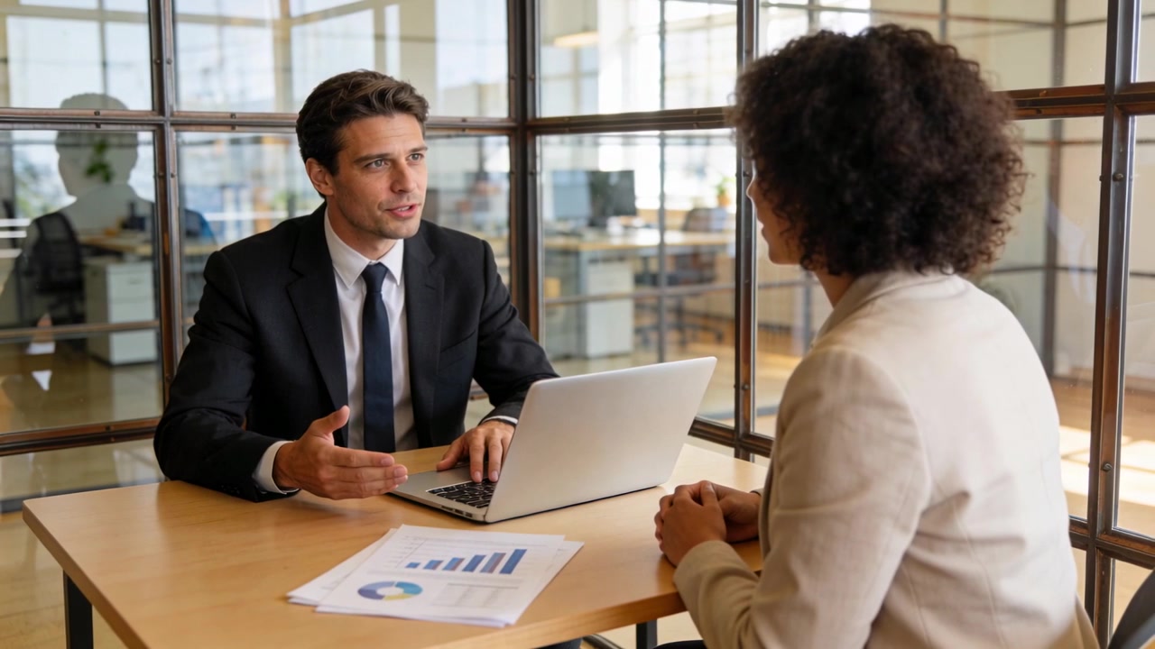 Starting discussion, manager in dark suit leading meeting at glass office, using laptop and charts