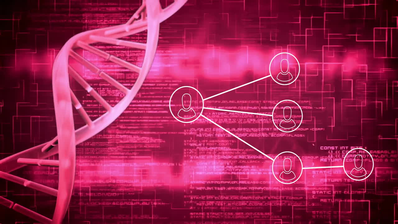 animación del procesamiento de datos sobre iconos de medios y cadena de adn