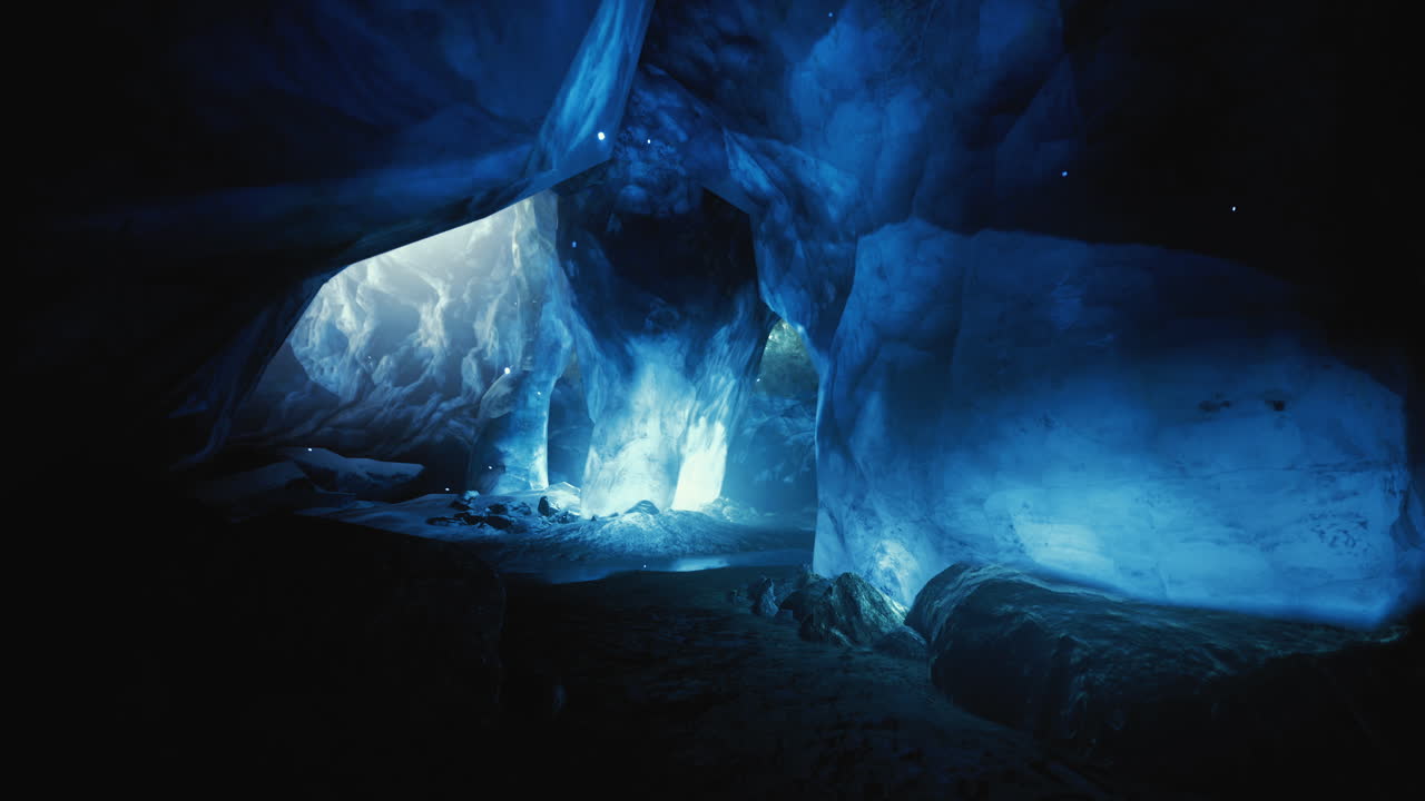 Explore the stunning blue hues of an ice cave illuminated by light