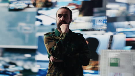 male army officer operates from a mission command center with digital tech
