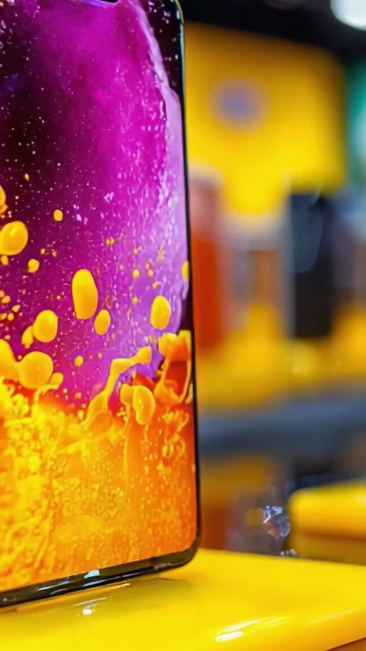Tela de smartphone vibrante com plano de fundo colorido e design moderno, exibindo tecnologia contemporânea em um ambiente de varejo movimentado