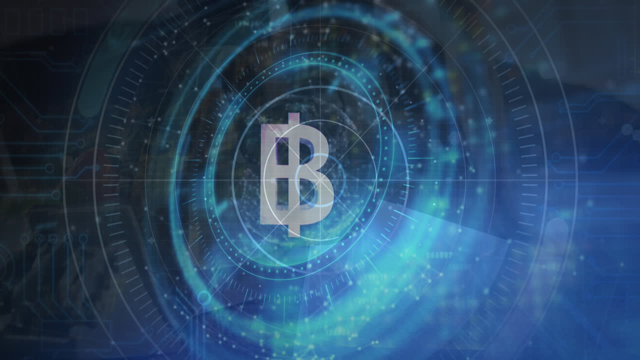 비트코인 기호의 애니메이션, 스 스캔 및 데이터 처리