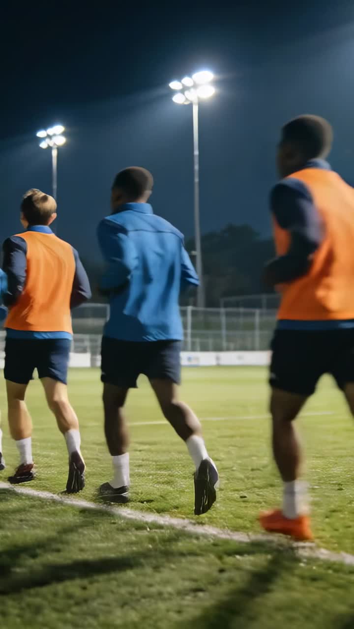 Video vertical: Futbolistas trotando con camisetas azules y petos naranjas iniciando una vuelta de calentamiento bajo las luces.