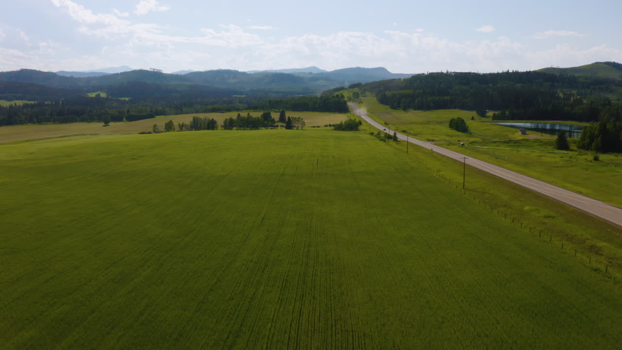 Aerial view of farm fields in the scenic Alberta countryside