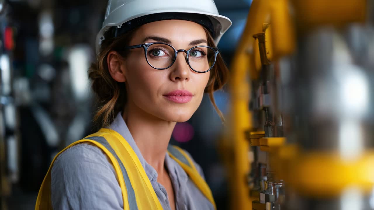 A young professional woman in a hard hat and safety glasses, posing confidently in an industrial setting, showcasing her determination and focus on tasks in a technical environment