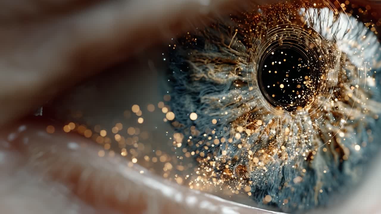 Extreme close up of a blue and brown human iris with golden sparkling particles and abstract lines moving across its surface, representing vision, technology, and a futuristic perception of reality