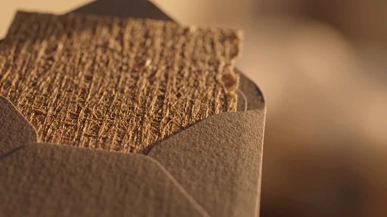 Nærbillede af en tekstureret papirkonvolut med naturlig fiberfinish, der fremhæver dens unikke æstetik og håndværk i blød, omgivende belysning.