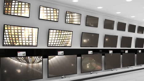 Interior-of-electronics-store-with-synchronized-video-playing-on-screens-of-multiple-televisions