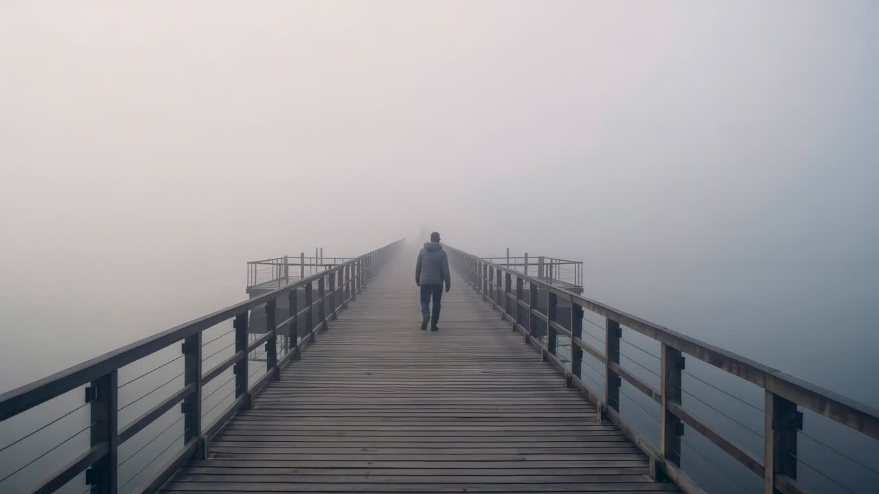 Início da gravação, homem caminhando pelo píer em direção à neblina, vestindo uma jaqueta leve e mochila.