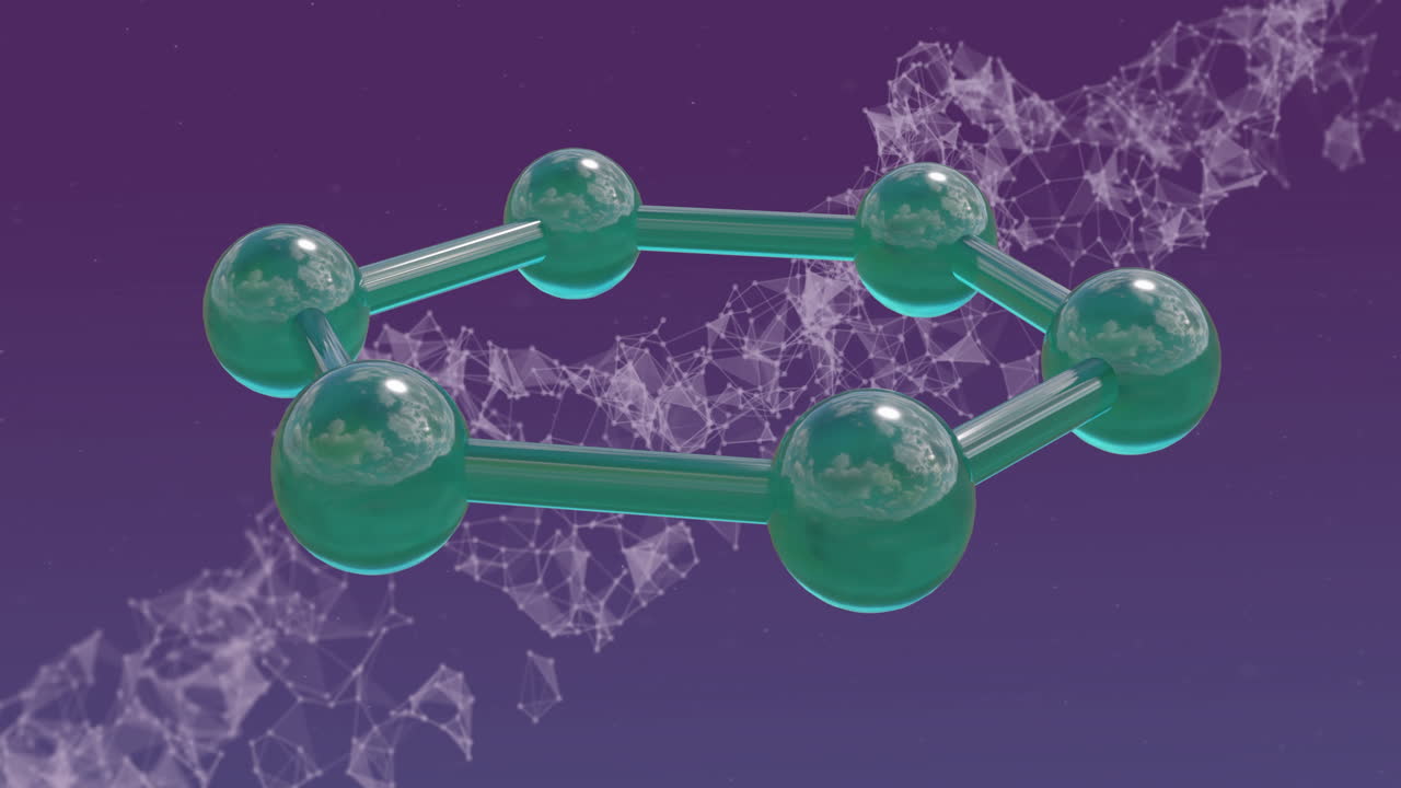 보라색 바탕에 떠다니는 네트워크 위의 분자 고리의 애니메이션